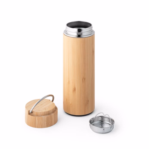 Garrafa Térmica SOW 440ml em Aço Inox e Bambu