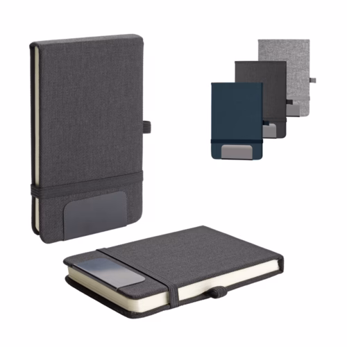 Mini Caderno RPET com Capa em Tecido e Placa Metálica